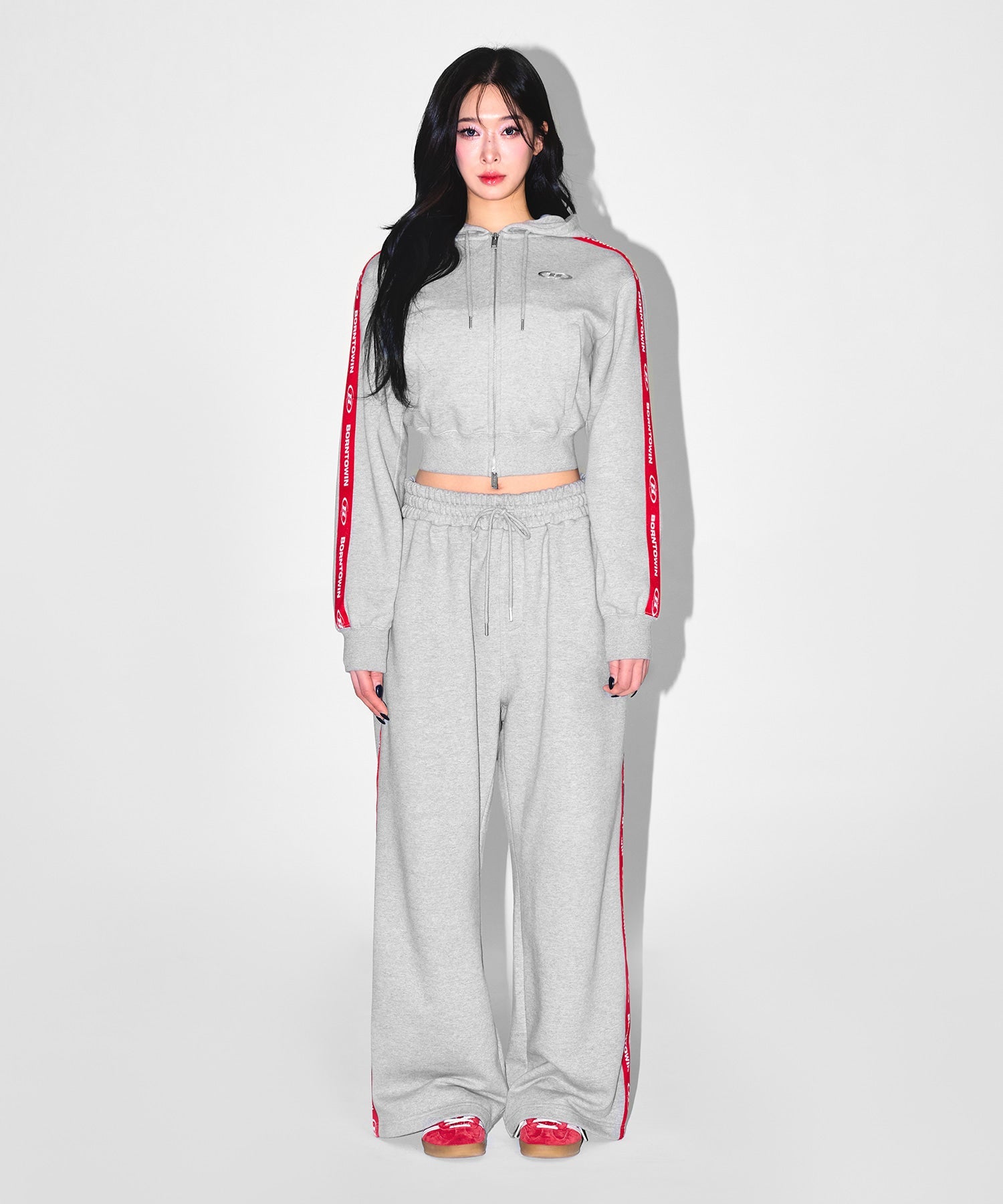 W CHROME B RED LINE CROP HOODIE ZIP UP [MELANGE GRAY]