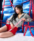 W CHROME B RED LINE CROP HOODIE ZIP UP [MELANGE GRAY]