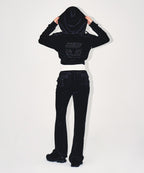 W DOUBLE B VELVET CROP HOODIE ZIP-UP [BLACK]