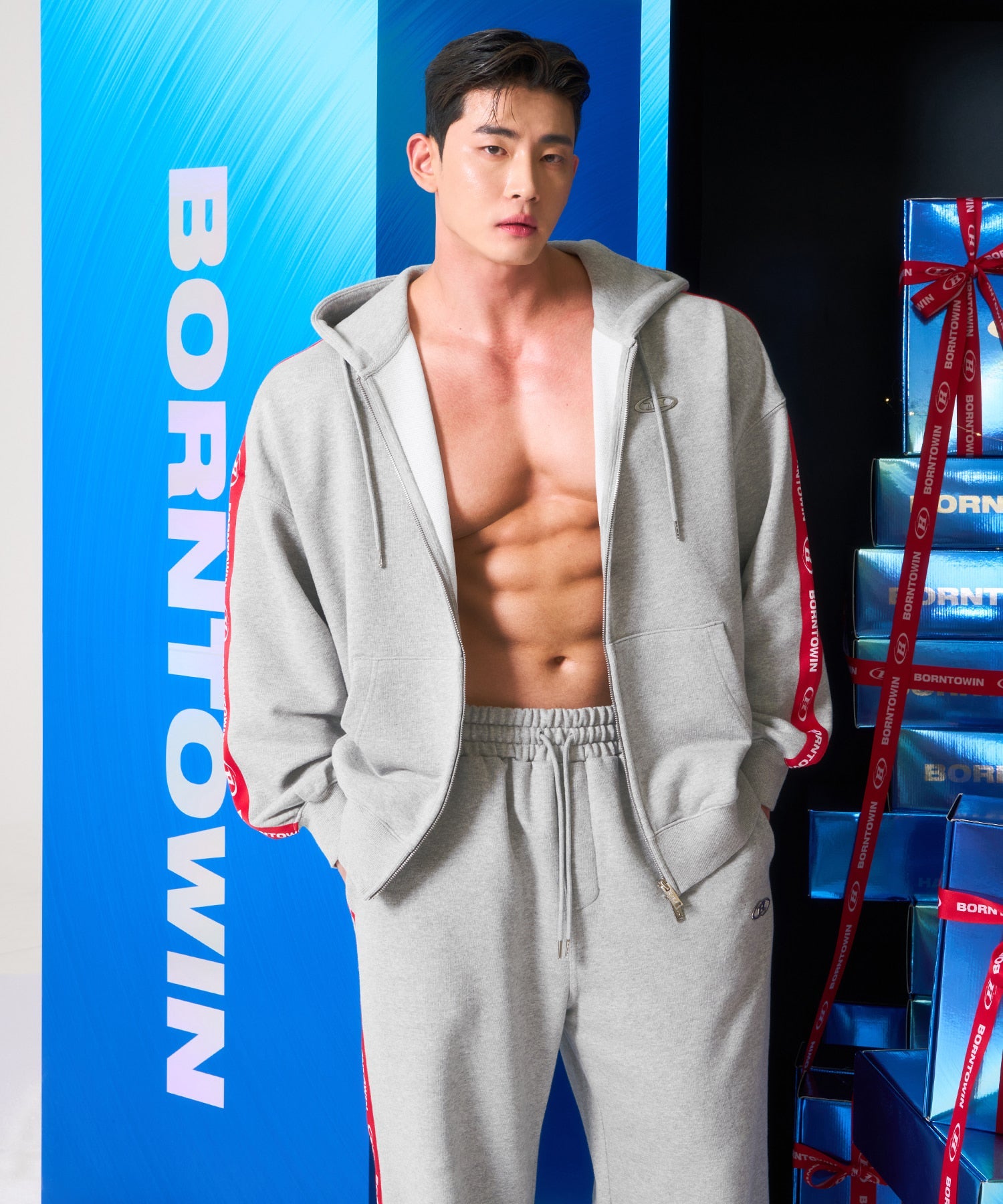 CHROME B RED LINE HOODIE ZIP-UP [MELANGE GRAY]