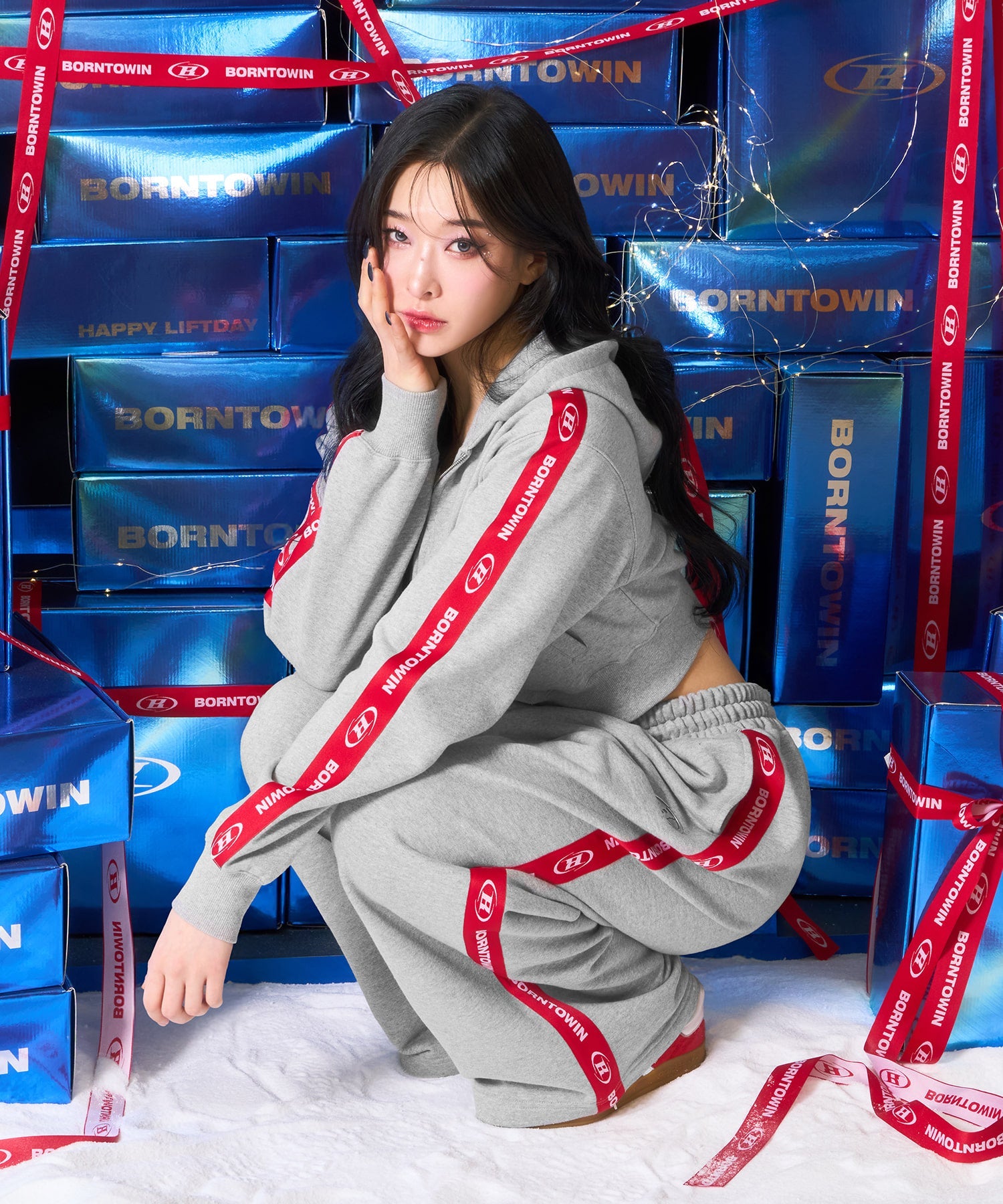 W CHROME B RED LINE CROP HOODIE ZIP UP [MELANGE GRAY]