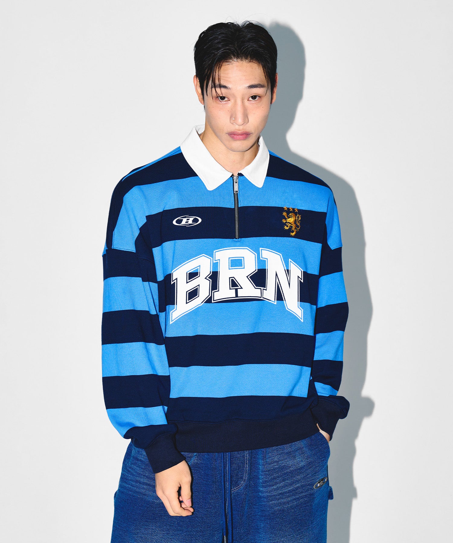 BEN ARCH STRIPE HALF ZIP UP SWEATSHIRTS [NAVY]