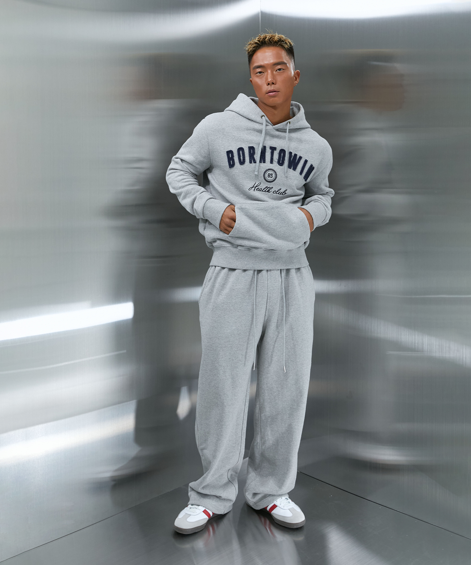 BORNTOWIN PATCH MUSCLE FIT HOODIE [MELANGE GREY] Main image