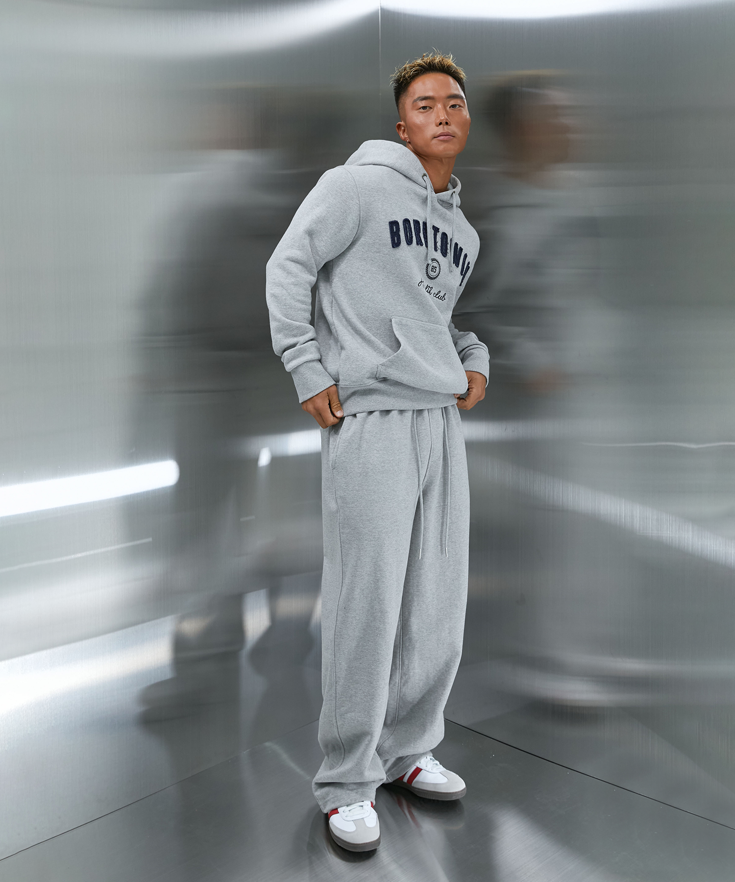 BORNTOWIN PATCH MUSCLE FIT HOODIE [MELANGE GREY] Secondary image