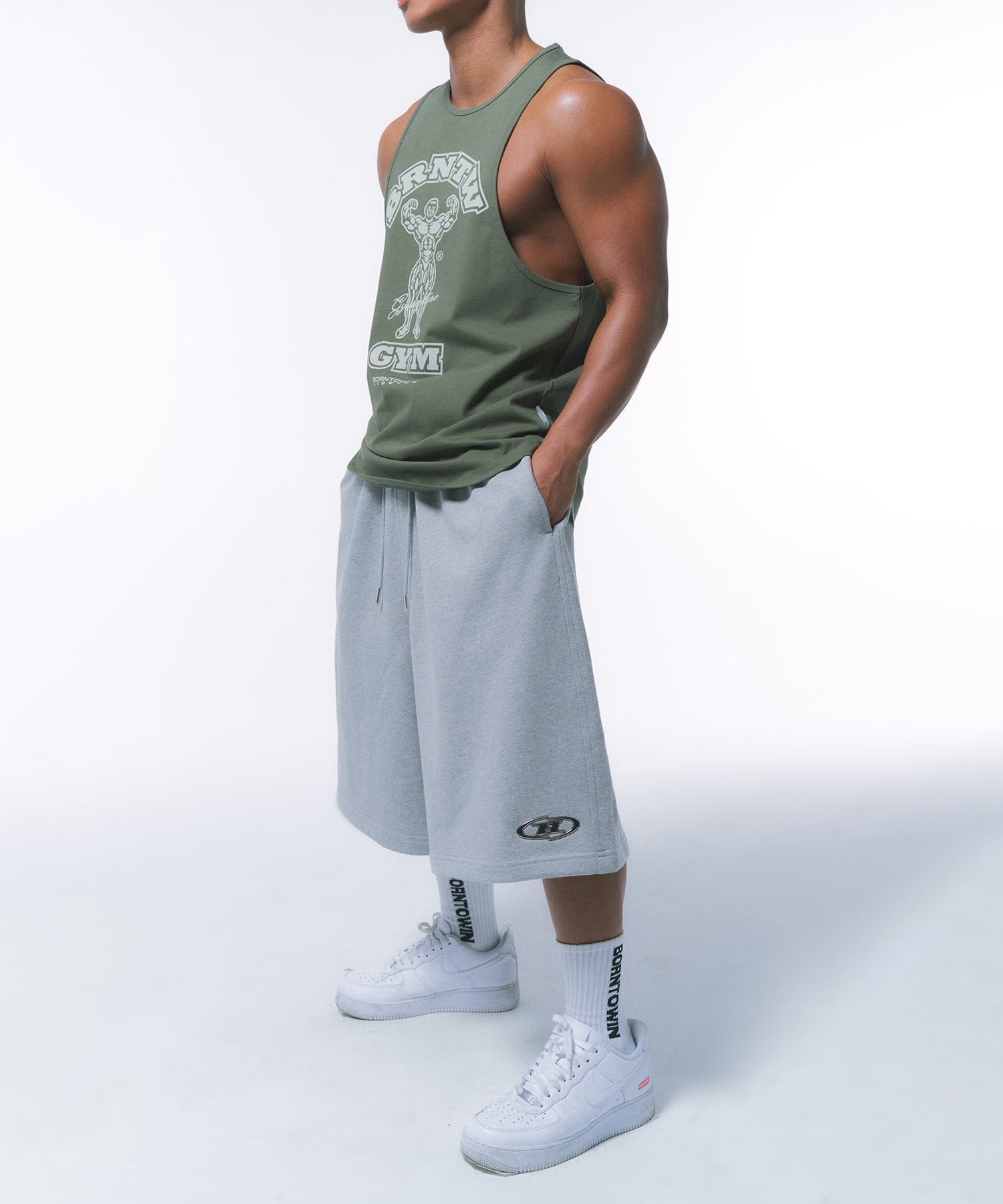 CHROME B LOGO HALF PANTS LONG VER [MELANGE GREY]