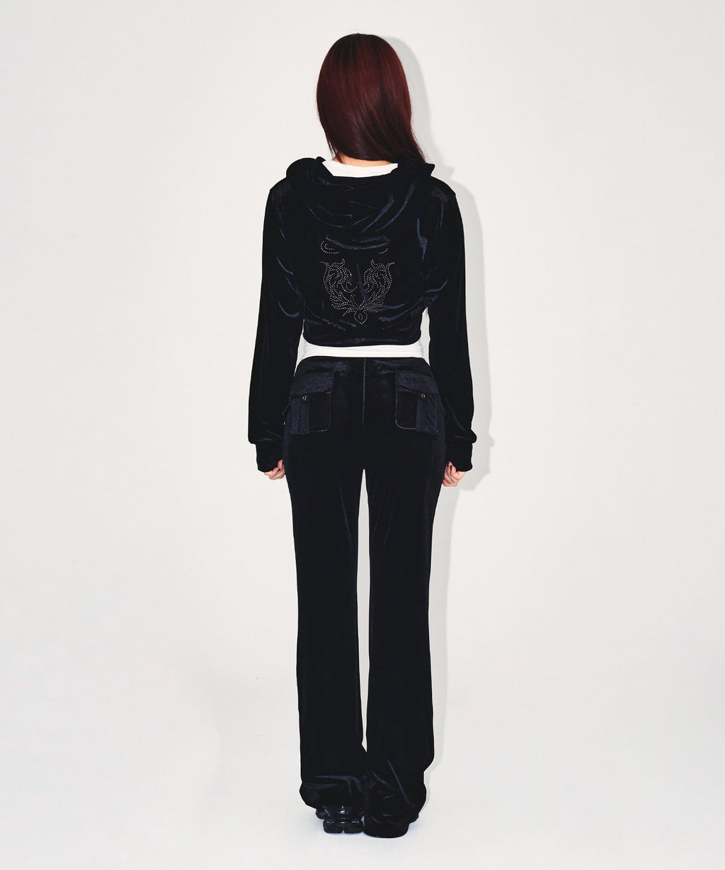 W DOUBLE B VELVET CROP HOODIE ZIP-UP [BLACK]