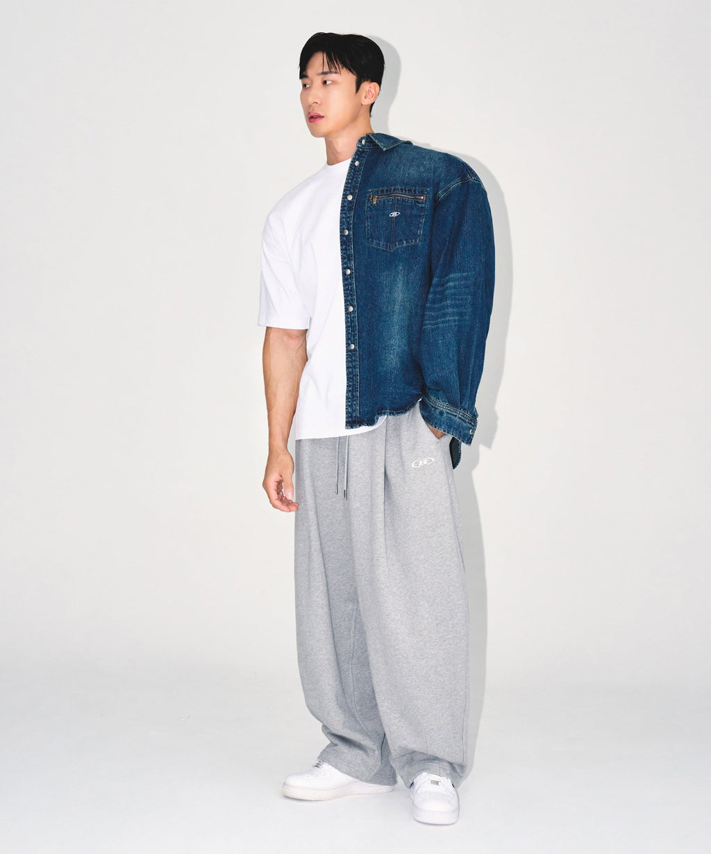 WASHED DENIM OVER FIT SHIRTS [MID DENIM]