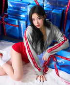 W CHROME B RED LINE CROP HOODIE ZIP UP [MELANGE GRAY]