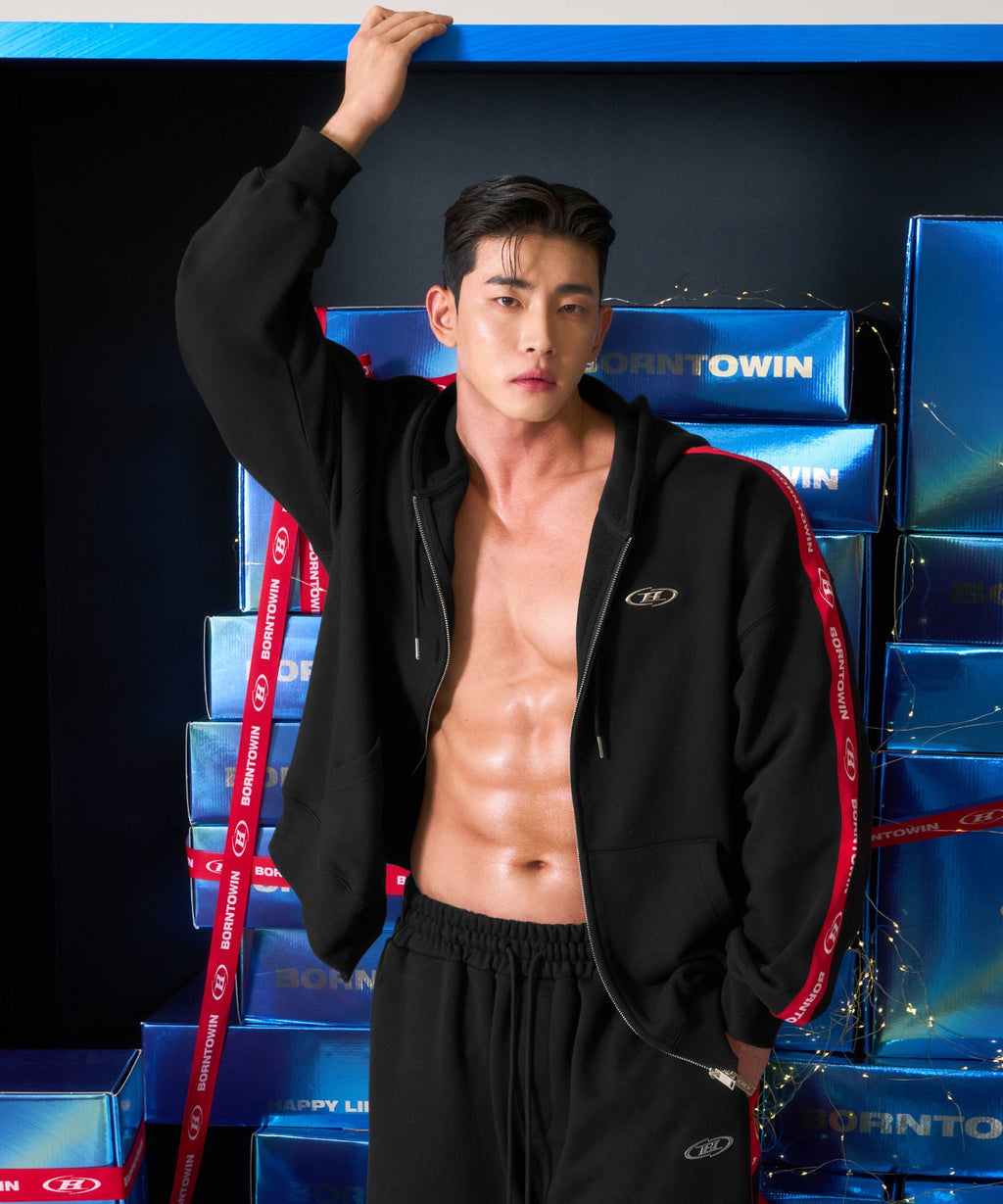 CHROME B RED LINE HOODIE ZIP-UP [BLACK]