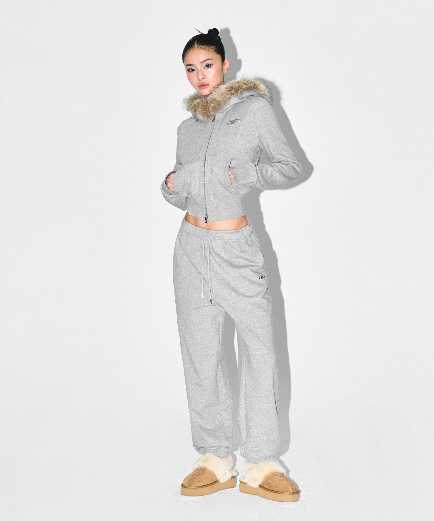 W CHROME B FUR TRIMMING HOODIE ZIP-UP [MELANGE GREY] Main image