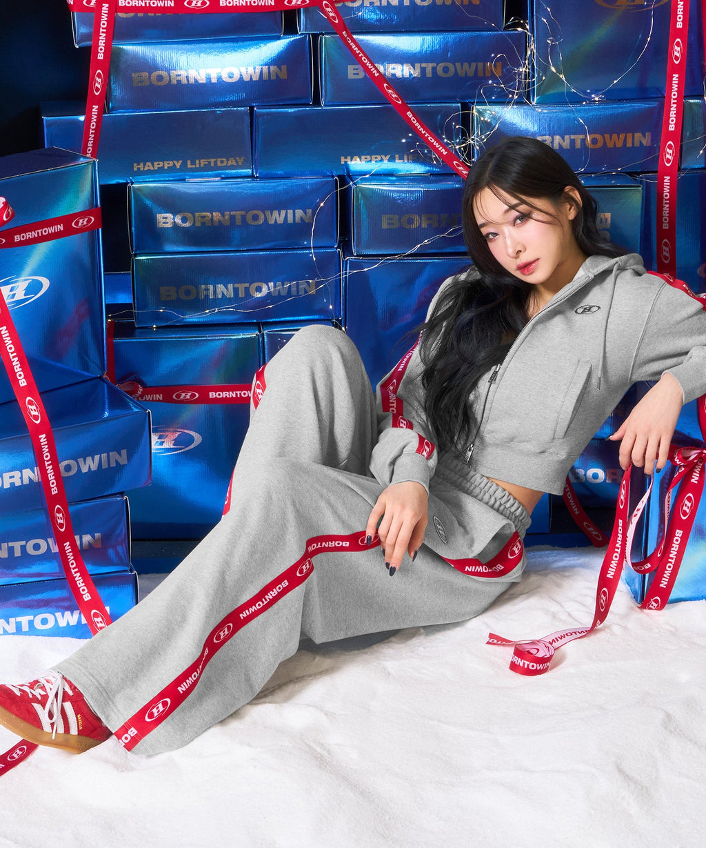 W CHROME B RED LINE CROP HOODIE ZIP UP [MELANGE GRAY]