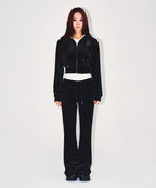 W DOUBLE B VELVET CROP HOODIE ZIP-UP [BLACK]