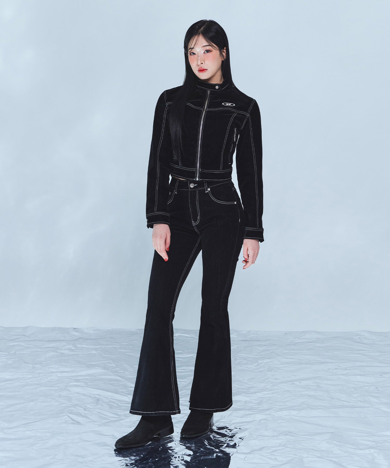 VELVET DENIM SLIM BOOTS CUT PANTS