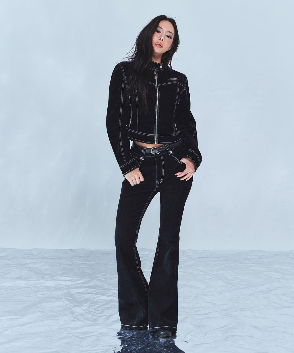 VELVET DENIM SLIM BOOTS CUT PANTS