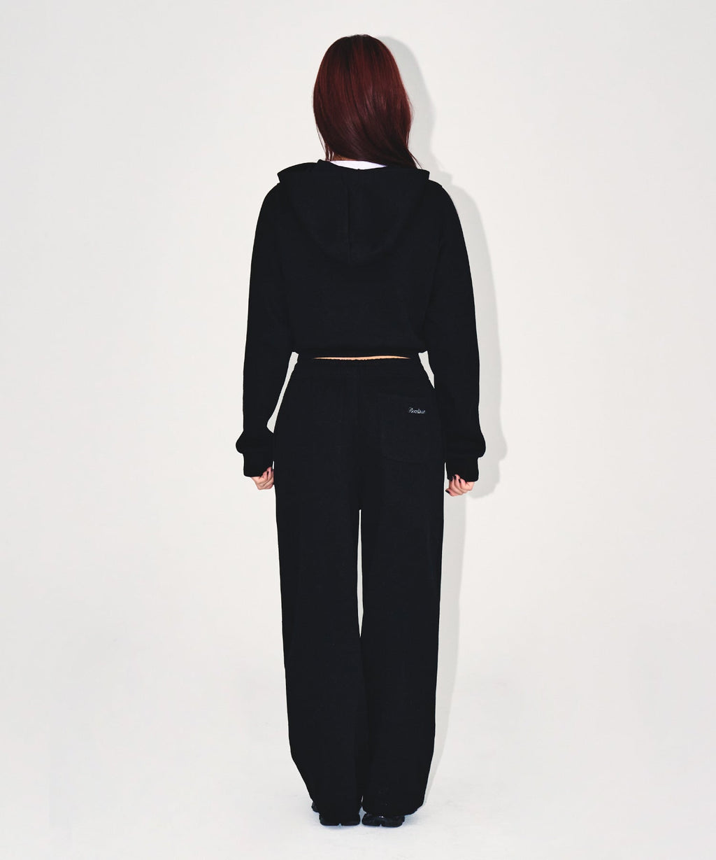 W KNIT LIKE SEMI CROP HOODIE ZIP-UP [BLACK]