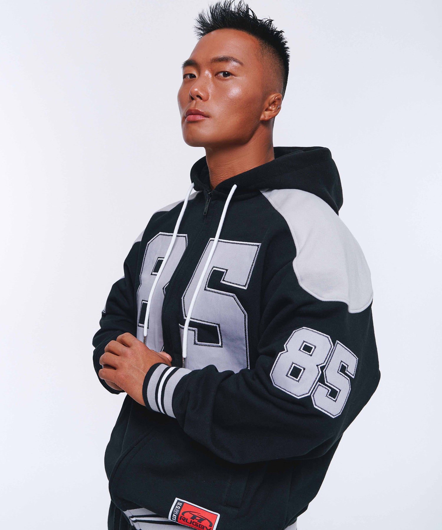 85 APPLIQUE RUGBY HOODIE ZIP-UP [BLACK] Main image
