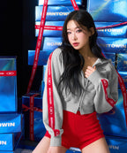 W CHROME B RED LINE CROP HOODIE ZIP UP [MELANGE GRAY]