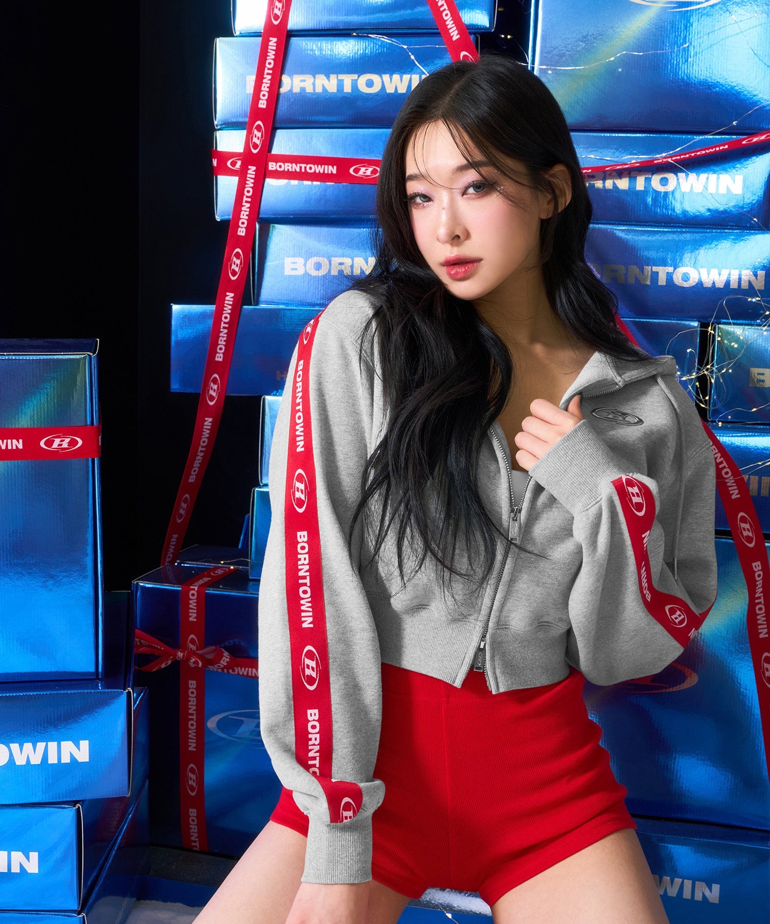 W CHROME B RED LINE CROP HOODIE ZIP UP [MELANGE GRAY]