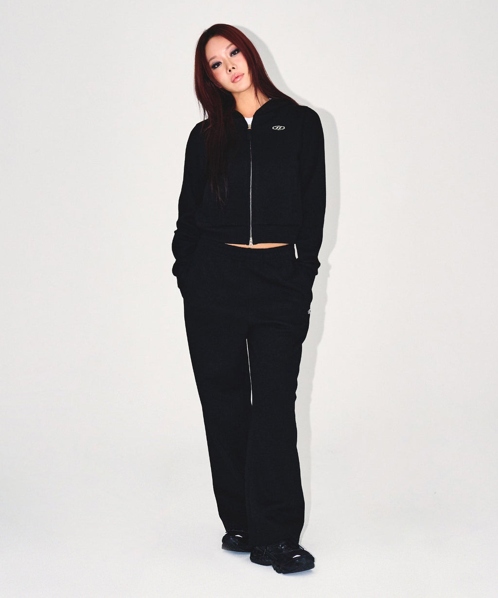 W KNIT LIKE SEMI CROP HOODIE ZIP-UP [BLACK]