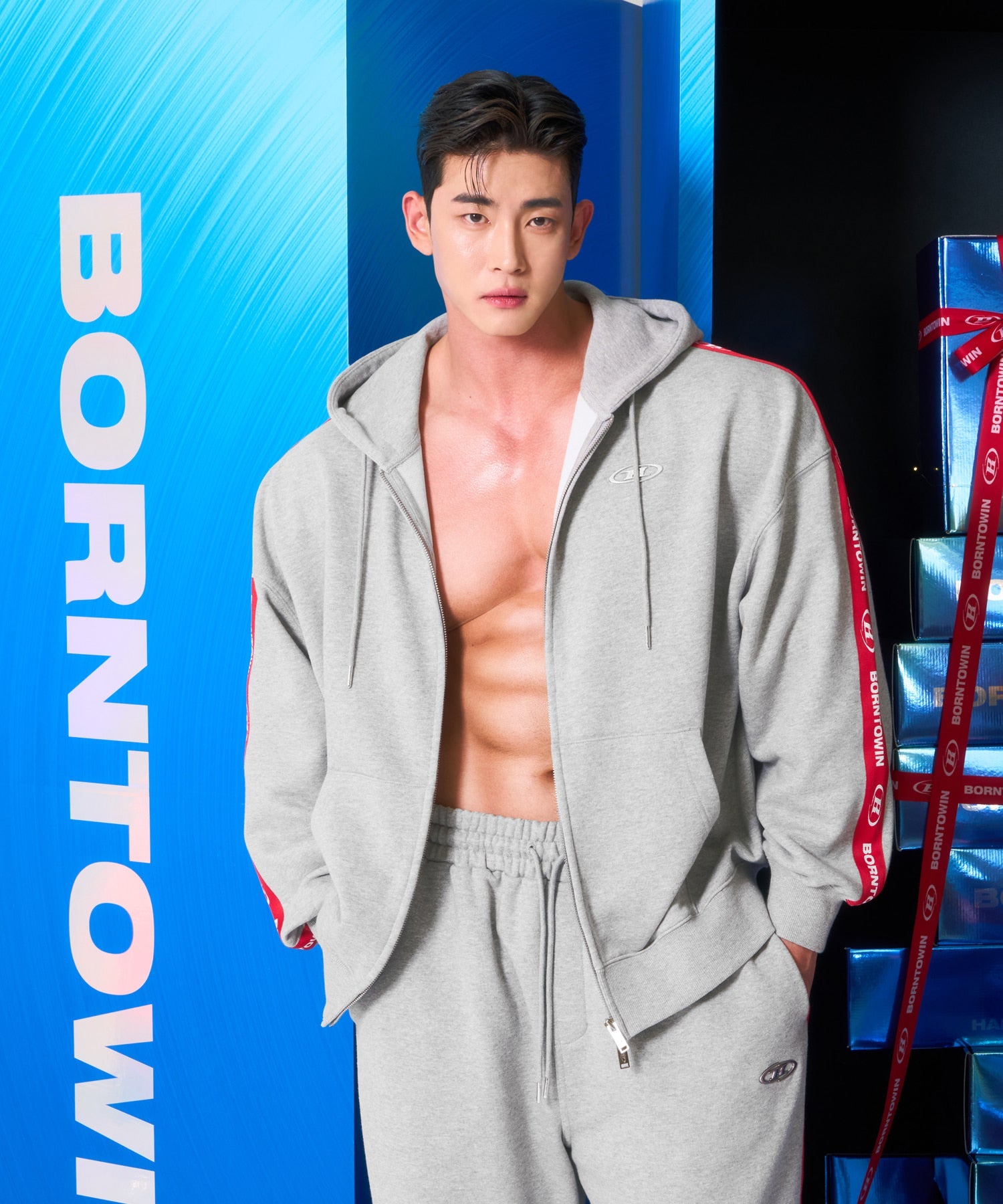 CHROME B RED LINE HOODIE ZIP-UP [MELANGE GRAY]