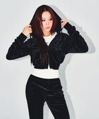 W DOUBLE B VELVET CROP HOODIE ZIP-UP [BLACK]